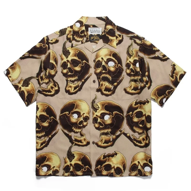 Summer Trend WACKO MARIA Retro Full Print Skull Hawaii Beach Casual Short Sleeve Shirt Men's Women's Brand Shirt