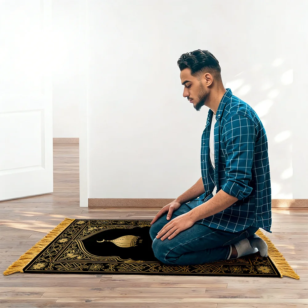 VIKAMA Luxury Black Gold Dome Islamic Prayer Rug Portable Muslim Salah Mat Ramadan 2026 Gift Arch Home Decor Prayer Carpet