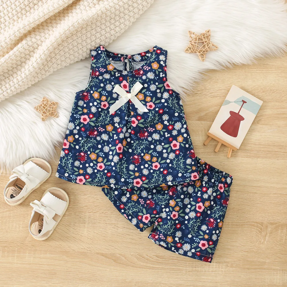 2Pcs/Set Summer New Cute Floral Two-Piece Round Neck Sleeveless Top And Shorts For Girls