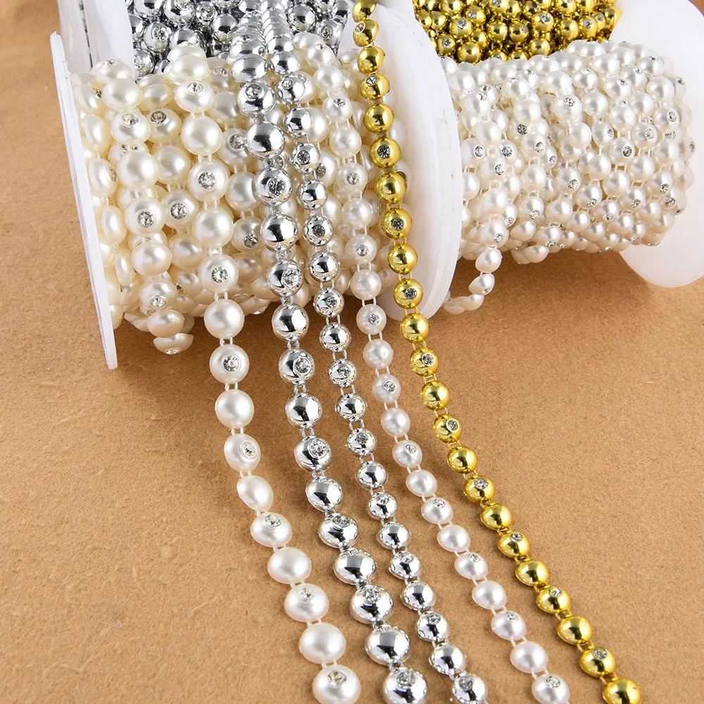 1Yard 8-10mm Width ABS Imitation Pearl Flatback Hemisphere Beads with Rhinestone Chain Sewing Trim Lace Wedding Arrangements DIY