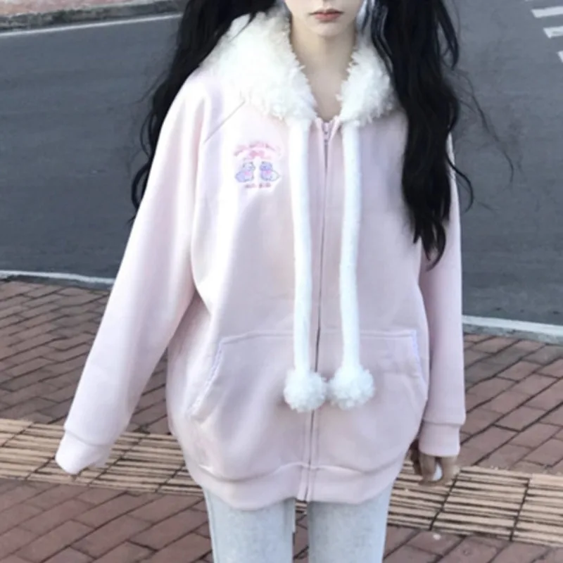 Autumn Winter Lamb Wool Hoodie Japanese Women Y2K Sweet Zipper Embroidered Long-sleeved Loose Coat Kawaii Jacket Casual Coat