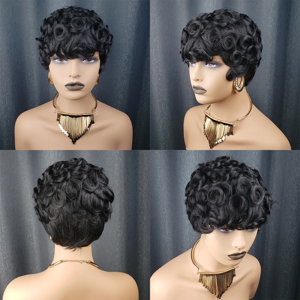 에그 컬리 픽시컷 가발 짧은 인모 가발 앞머리가 미리 뽑혀진 여성용 브라질리언 헤어 기계식 제작 즉시 착용 가능 자연스러운 가발