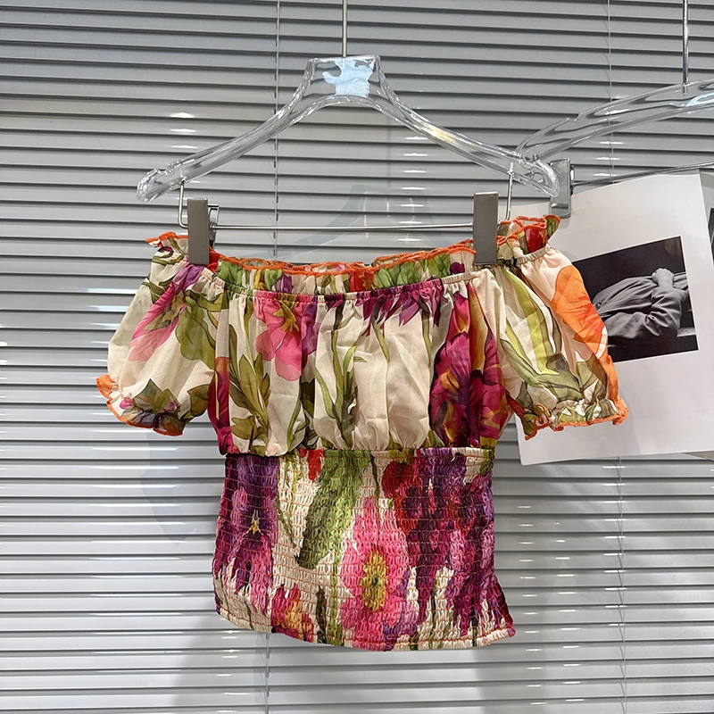 Spring Autumn New Vacation Style Pullover shirt One Shoulder Blossomed Floral Pattern Waist with Bubble Sleeves Chiffon Shirt