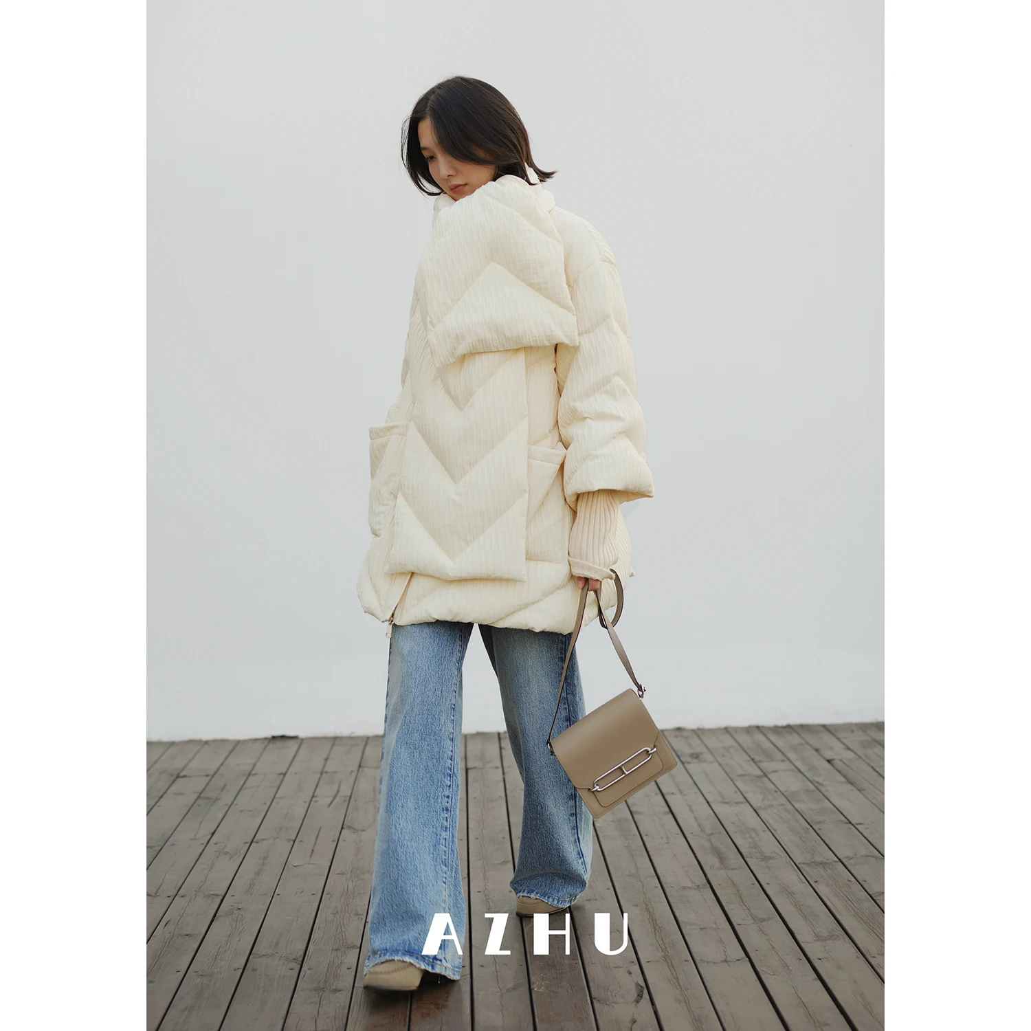 

AZHU Two-Piece Women's down Jaet Set 2024 New Design White Scarf Sle Coat Warm Thi Long Sve Zipper Closure Mid-Length