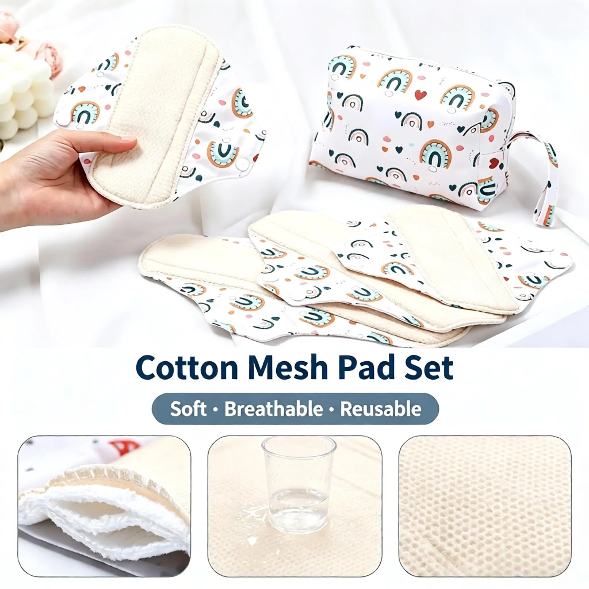 Soft Washable Reusable Printed Mesh Cotton Sanitary Pads Set Skin-Friendly Portable Leakproof Menstrual Pads for Comfortable
