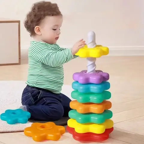 몬테소리 회전 레인보우 타워 아기 스태킹 퍼즐 장난감, 어린이 모터 기술 개발 게임, 회전 스태킹 장난감, 어린이 선물
