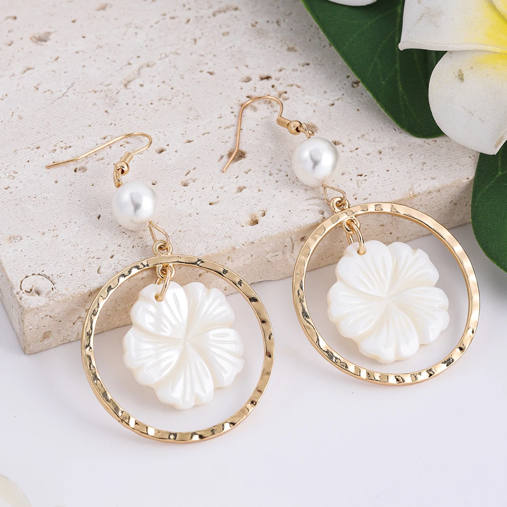 Cring Coco Natural White Shell Earrings Women\'s Hawaiian Earing Flower Fashion Jewelry Dangle Earrings with Shells for Women