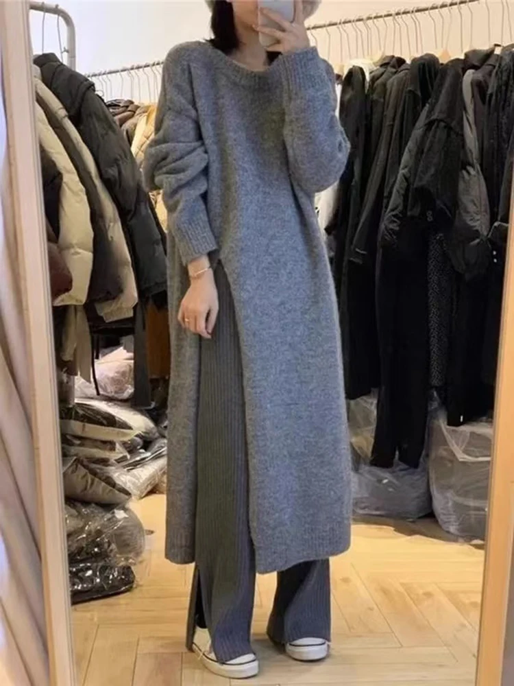 Autumn Winter O-Neck Casual Loose Knitted Dress Female Straight Long Sleeve Oversize Sweater Womens Long Dress Split hem