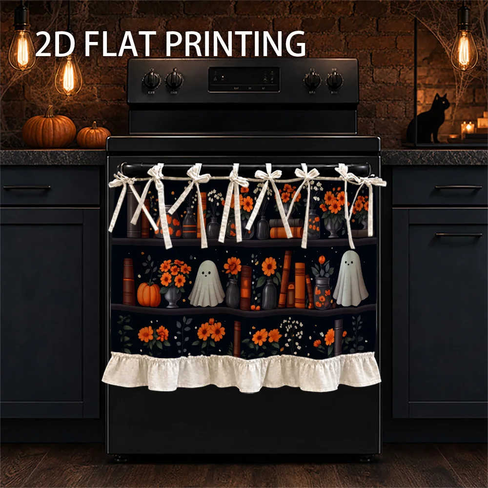 1PC kitchen stove curtain, cabinet curtain, apron. Featuring a 2D graphic design featuring Halloween themed spooks, orange flowe