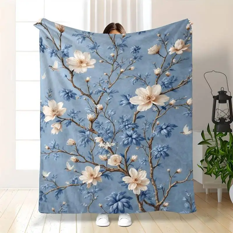 Elegant Blue Floral Branch Throw Blanket - Vintage Botanical-Themed Soft Blanket for Refined Cozy Home Decor