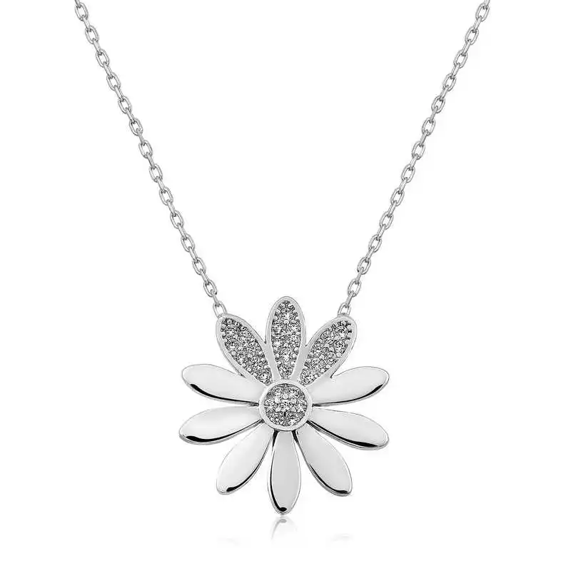 Silver Flower Lady Necklace 925 Sterling Women Fine Jewelry Wedding Party Birthday Gift - Box - for Stone - Pendant - Chain Choker - Female - Ladies - Fashion