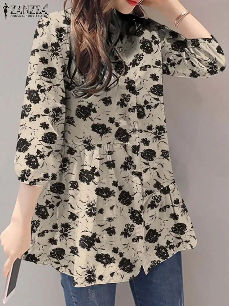 ZANZEA Women Floral Printed Blouse 2023 Summer Stitching Swing Shirts Fashion Stand Collar Tops Casual Bohemian 3/4 Sleeve Tunic