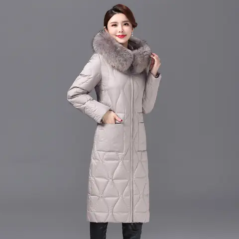 Shengyu 보야 중년 및 노년 어머니, 무릎 위 긴 다운 재킷, 두꺼운 너구리 털 칼라, 겨울 아우터, 신상