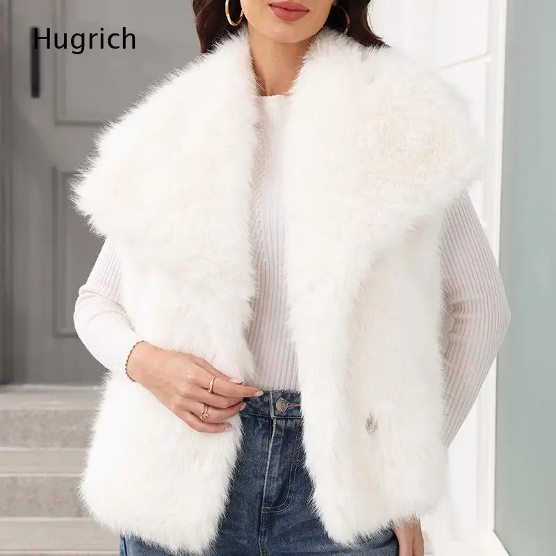Light Pink Women Faux Fur Sleeveless Gilet Big Wide Lapel Collar Double Breasted Loose Fit Fluffy Plush Furry Warm Winter