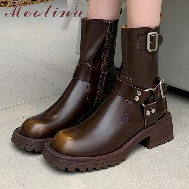 

Meotina Women Genuine Leather Ankle Boots Square Toe Platform Thick Mid Heel Buckle Zipper Short Boot Ladies Shoes Autumn Winter