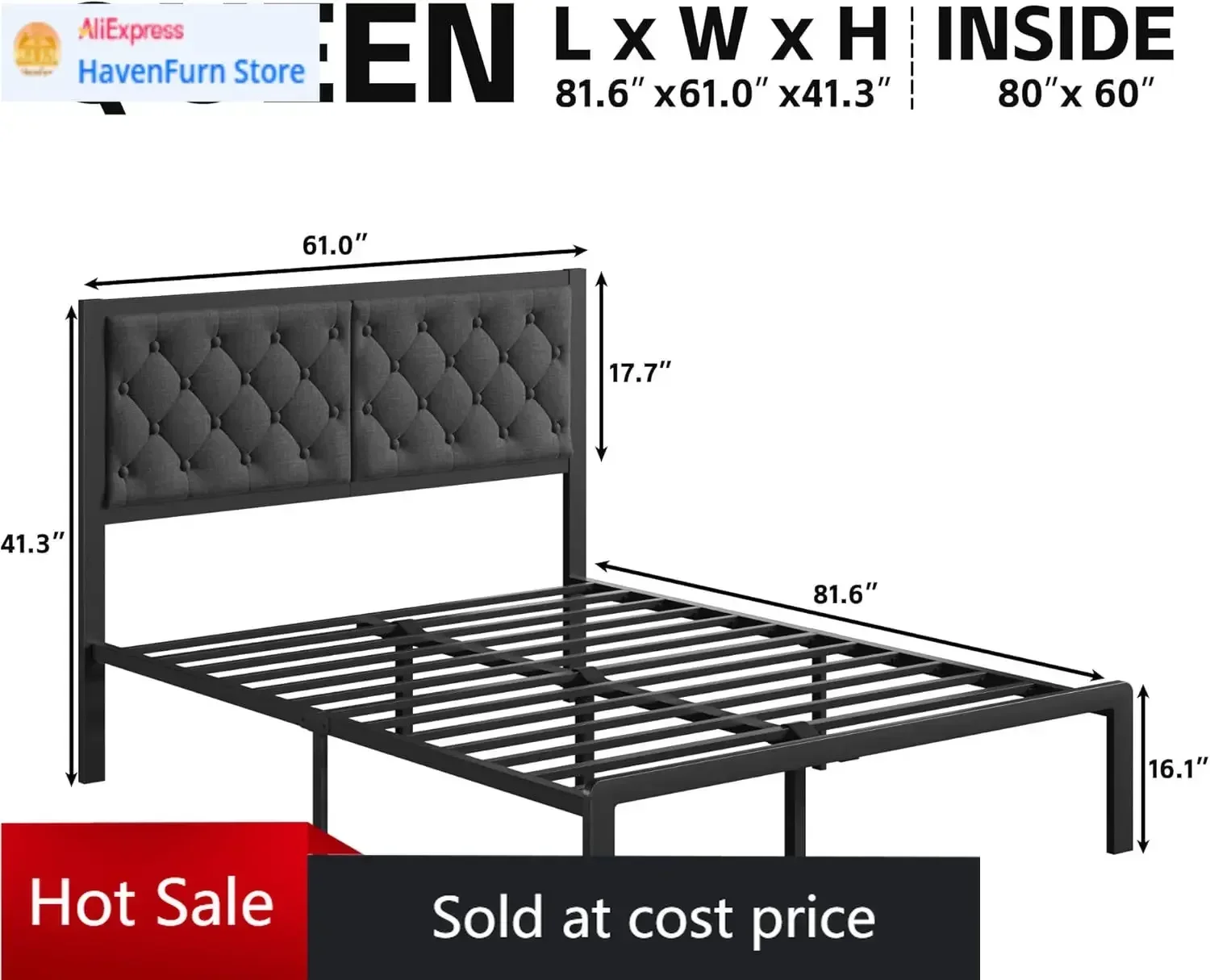 Activity priceQueen Bed Frame Headboard Linen Upholstered Platform All Metal Slats Support Storage Space Easy Assembly Noise Fre