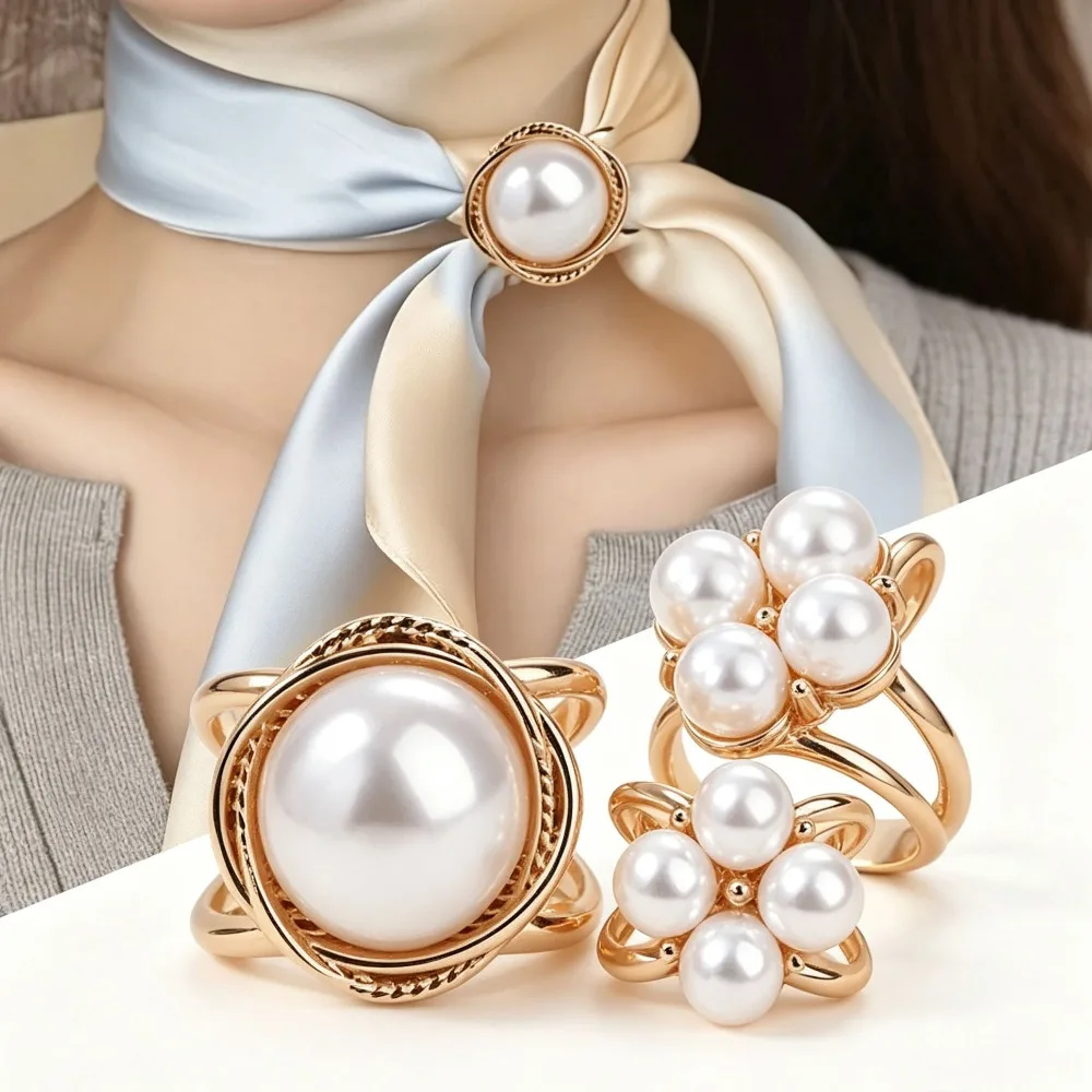 4Pcs Rose Gold Faux Pearl Scarf Clips, Metal Square Knot Ring Clasp, Women Clothing Accessory Gift