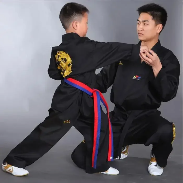 Kimono Karate Black Taekwondo Training Embroidery Children 110-190cm Black Suit Kids