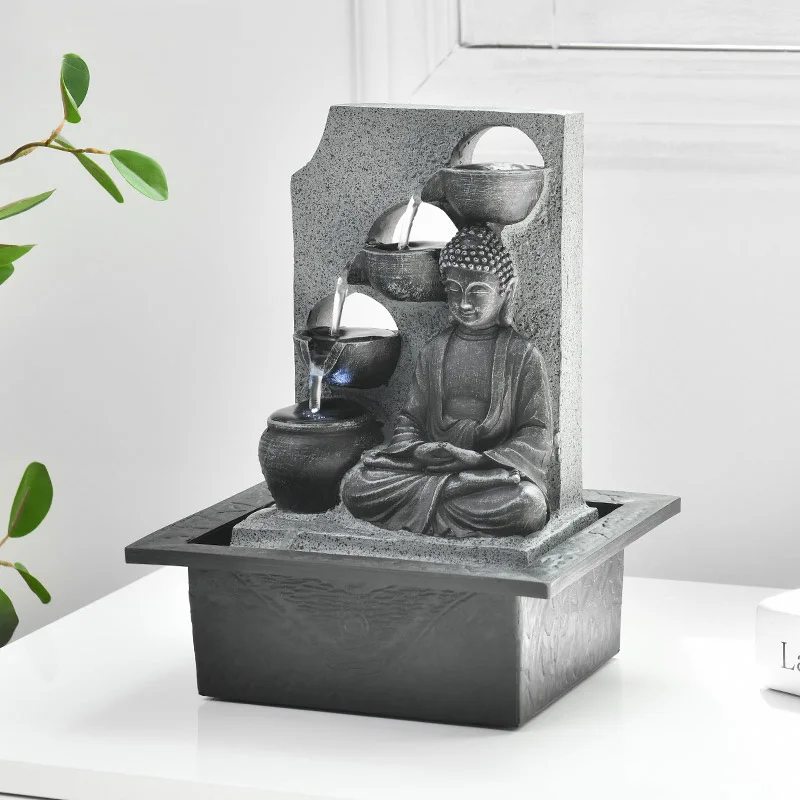 Buddha Tabletop Waterfall Fountain Lucky Fengshui Meditation Relaxing Indoor Decoration, Water with LED Lights