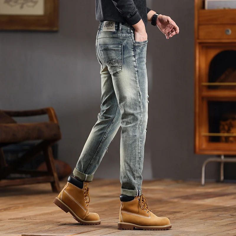 European and American retro distressed jeans men's slim fit small feet ripped casual pants skinny denim jeans streetwear men