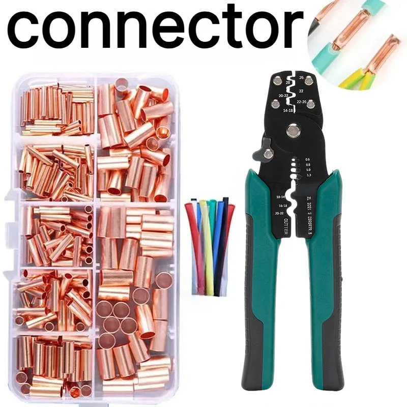 Wire Ferrules Kit Electrical Butt Crimp Terminals Plier Heat Shrink Tubes Cable Connection Joint Assortment Non-Insulated Copper