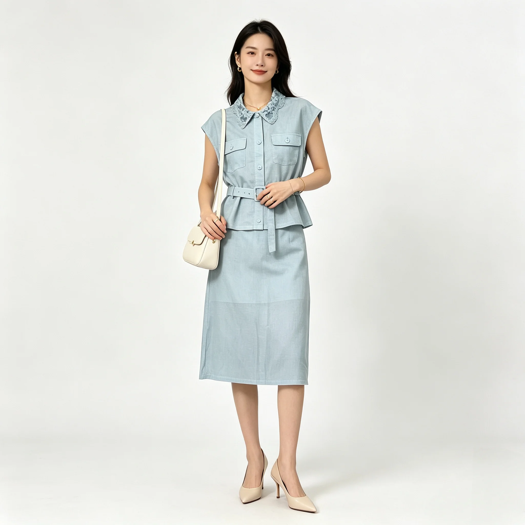 Women Summer Cargo Pocket Waist Tie Shirt With Skirt Set