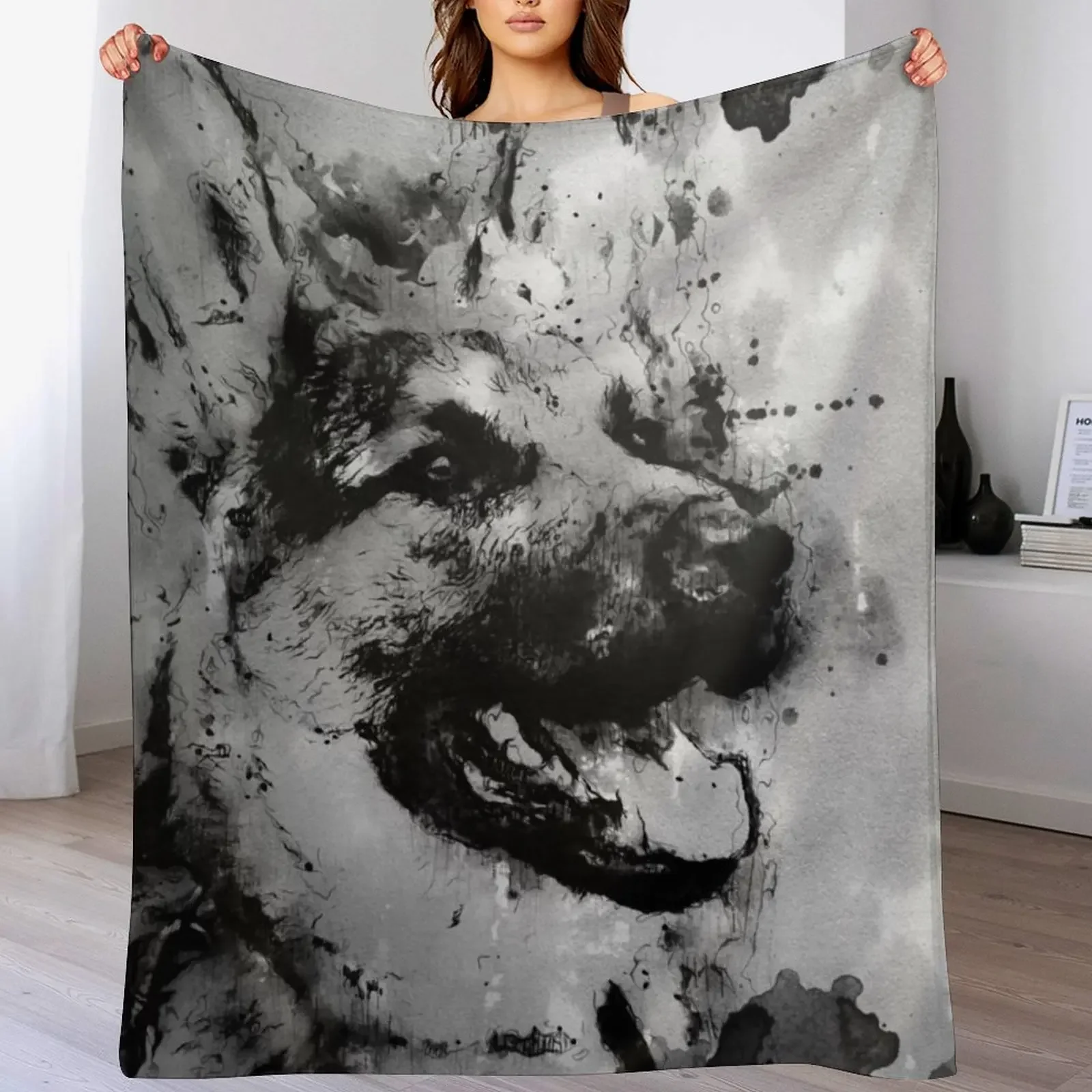 German Shepard dog Old Japanese ink painting portrait Throw Blanket Anti Shedding Soft Fuzzy Blanket for Home