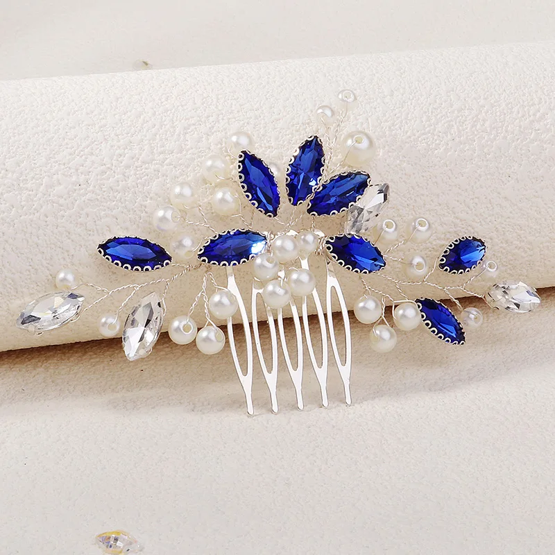 Fashion Rhinestone Pearl Hairpin and Hair Comb Blue Handmade Bridal Headpiece Sparkling Pearls Wedding Hair Jewelry Accessories image 3