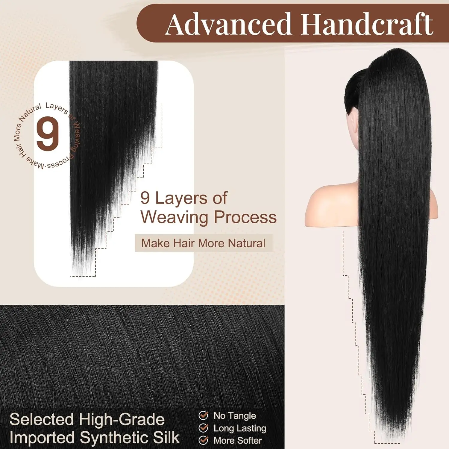 Synthetic 36 Inch Long Straight Drawstring Ponytail Hairpieces Fake PonyTails Natural Soft Clip in Hair Extension for Women Girl