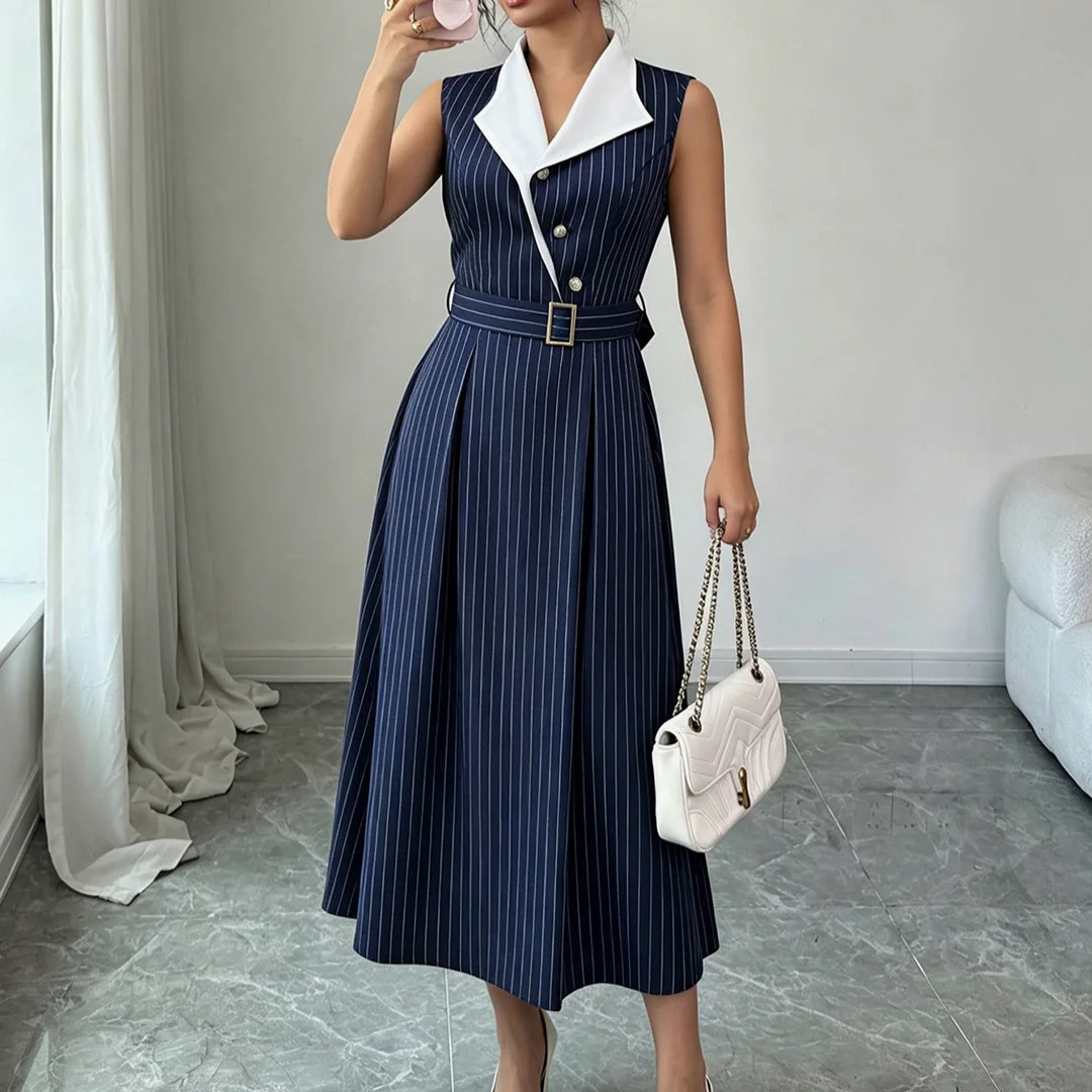2026 Workplace Women's Clothes Navy Blue Fine Stripes V-neck White Necklace Formula Belt Slimming Clothes Summer Long Dress