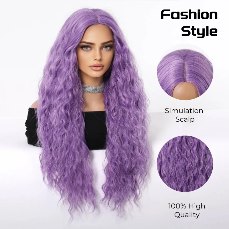 26 Inch Long Deep Wave Purple Synthetic Wig Fashionable for Women, Suitable for Party Role-Playing, Christmas Use