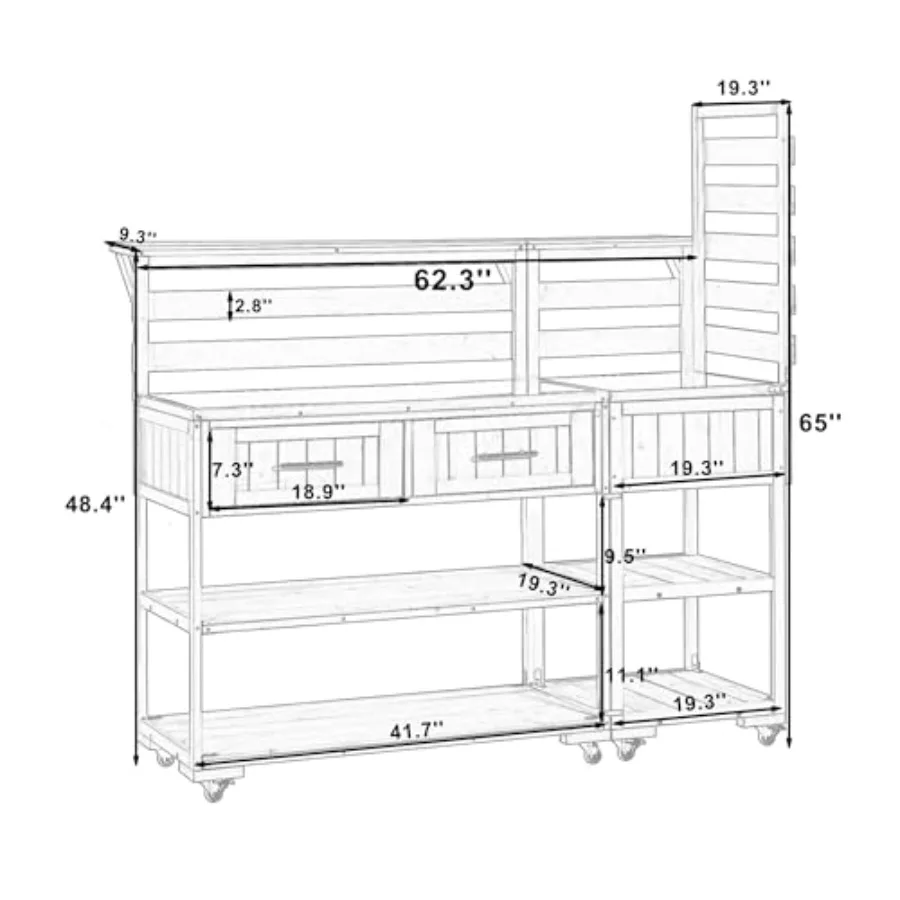Outdoor Potting Bench Table with Storage Shelves, Farmhouse Garden Workstation with Stainless Steel Top, Hooks, and Storage Dra