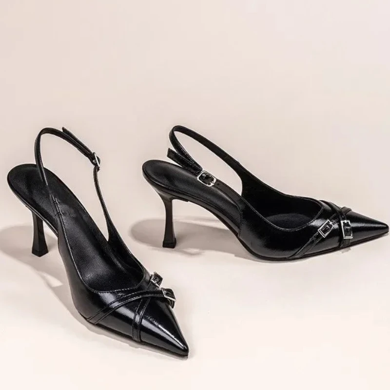 2026 New High-heeled Shoes Summer Fashionable Pointed Toe Shallow Mouth Elegant Buckle Decorated Stiletto Black Women's Sandals image 2