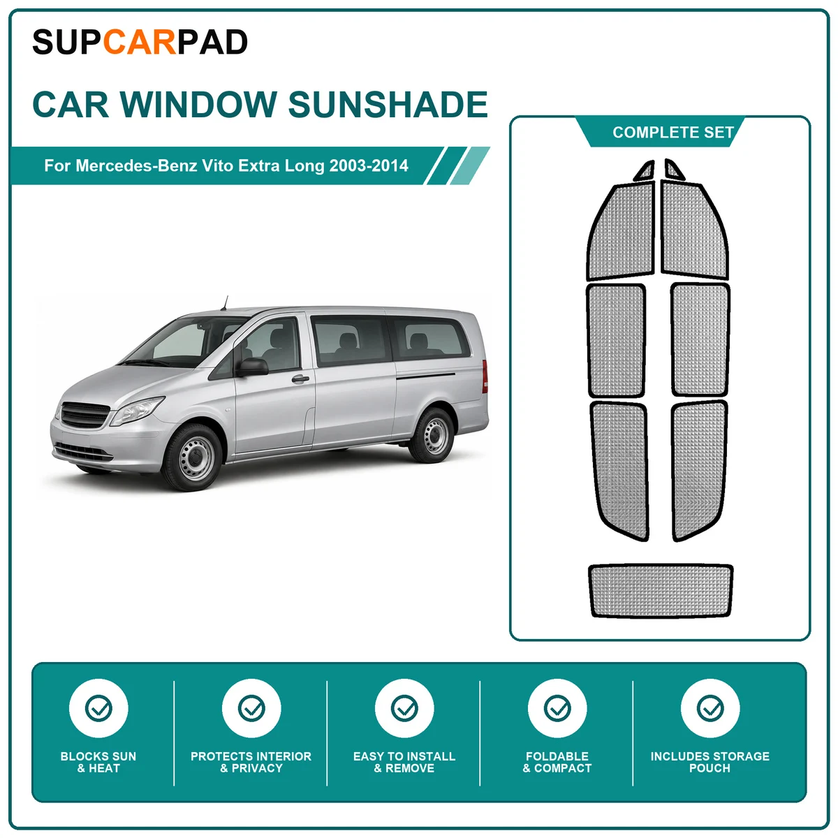 For Mercedes-Benz Vito Extra Long 2003-2014 Full Set Car Window Sunshades UV Block Privacy Heat Insulated Foldable Car Curtain