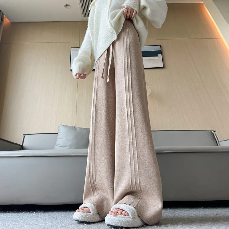 Knitted Wide Leg Pants for Women New High Waisted Casual Soft and Sticky Knitted Straight Leg Pants Loose and Hanging Floor