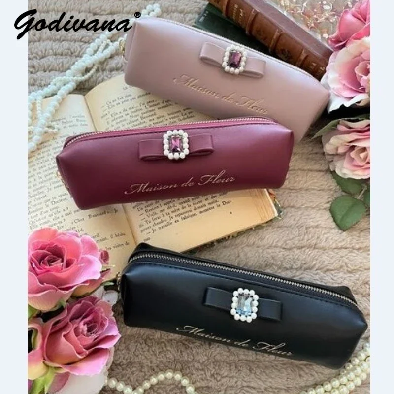 Japanese Style New Pearl Rhienstone Cute Pencil Case Clutch Cosmetic Bag Students Girls Cute Pencil Bag Key Wallets