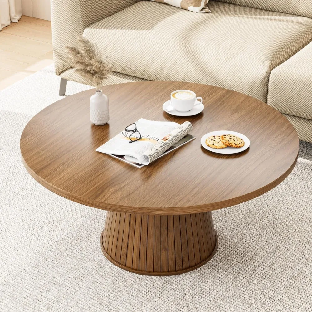 Fluted Round Coffee Table, Mid Century Modern Coffee Table, Small Walnut Circle Center Table, Brown, Farmhouse Wood, for Living