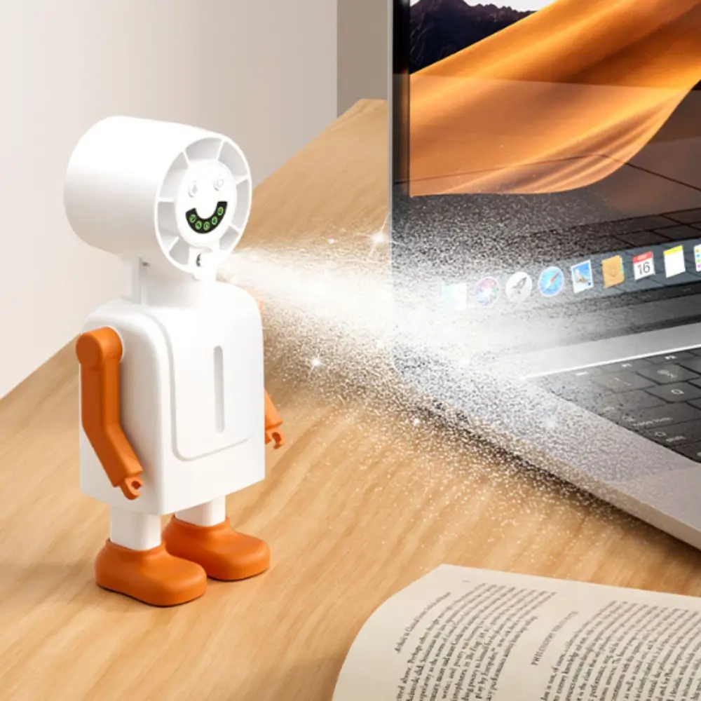Cute Robot Shape Misting Handheld Fan LED Screen Display Detachable Base Portable Mist Fan Smooth Surface Transparent Water Tank