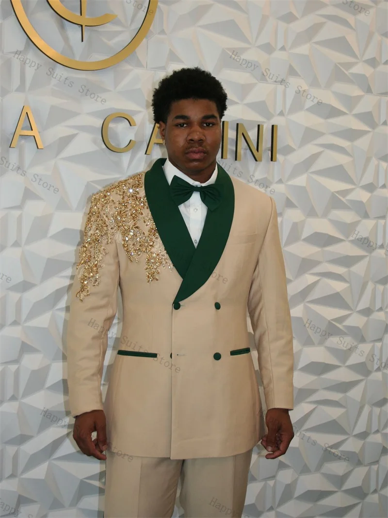 Zestaw garniturowy męski khaki z koralikami, 2-częściowy: marynarka + spodnie, elegancki garnitur do biura, jesień, garnitur ślubny dla pana młodego, smoking, marynarka szyta na miarę