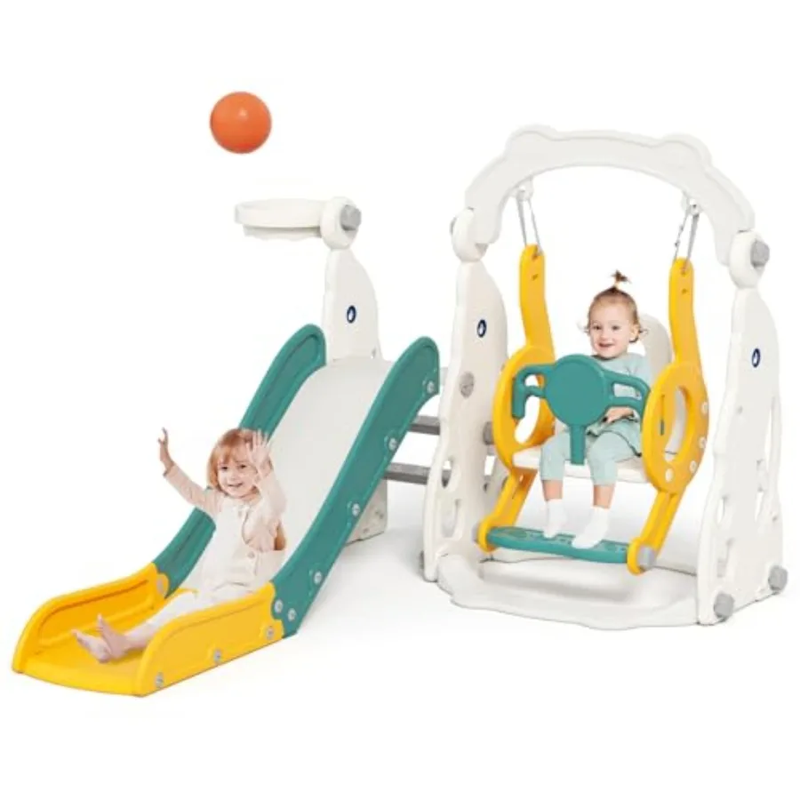 

Игровой набор для малышей 4 в 1, зеленая горка и качели для детей 1-3 лет с баскетбольным кольцом и игрушками-альпинистами в помещении и на открытом воздухе