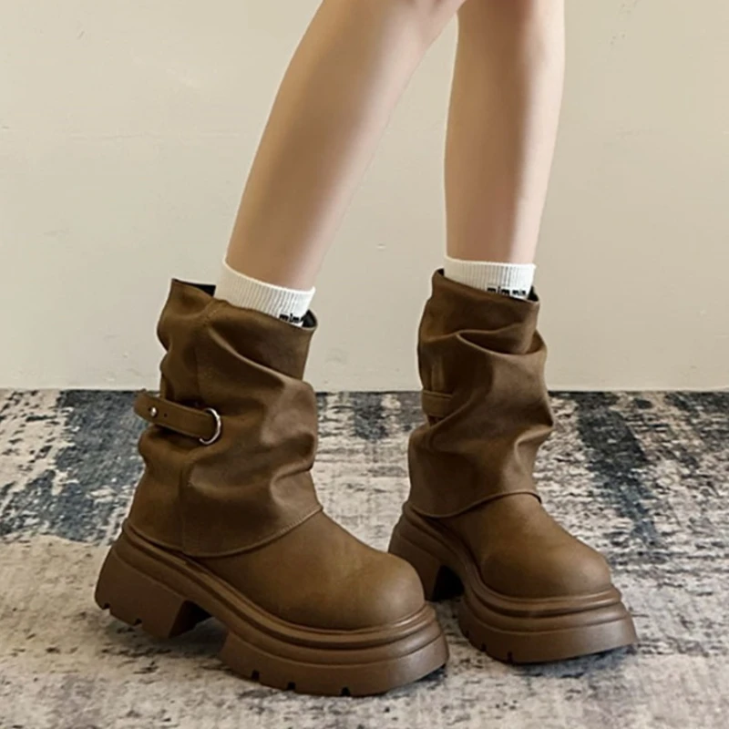 

Модные женские ботильоны на толстом каблуке, обувь без шнуровки в стиле панк с круглым носком, осенне-зимние ковбойские ботильоны в стиле вестерн