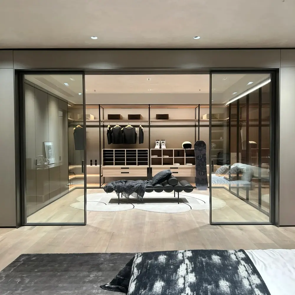 Modern Minimalist Shallow Wood Metal Frame Open Cloakroom Custom Wardrobe