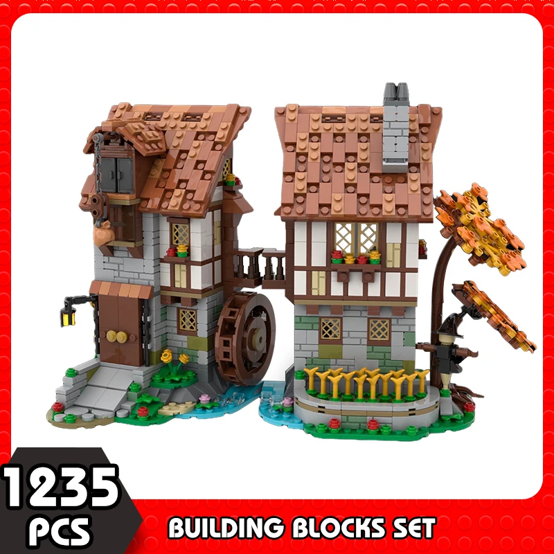 

Medieval Architecture Waterwheel Building Blocks City Street Accessories Tree House Patio Manor Retro Cottage Castle Brick Toys
