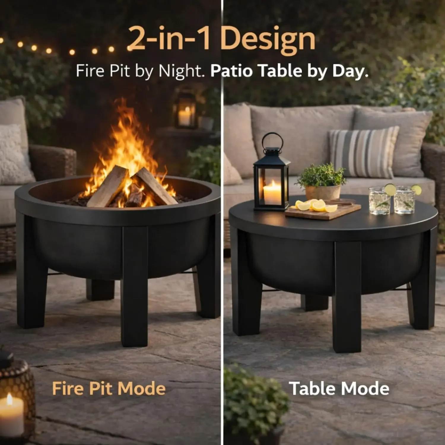 Fire Chief Wood Burning Fire Pit with Tabletop Lid - Modern Outdoor Metal Fire Pit for Patio & Backyard - Premium Heavy Duty