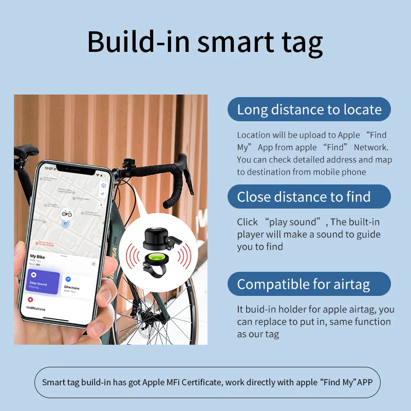 Copper Bike Bell Anti-theft With MFI Find My Smart Tag, Global Tracking Locator,Hidden Place For Apple Airtag