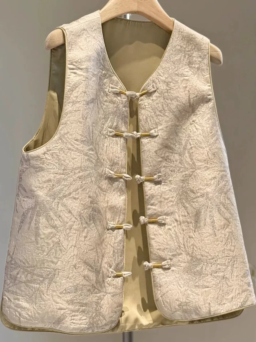 

New Chinese Sle Young Women's Jaet High-End Large Size Mom's Button Zen Sle Autumn Outwear Embroidered Bal Vest