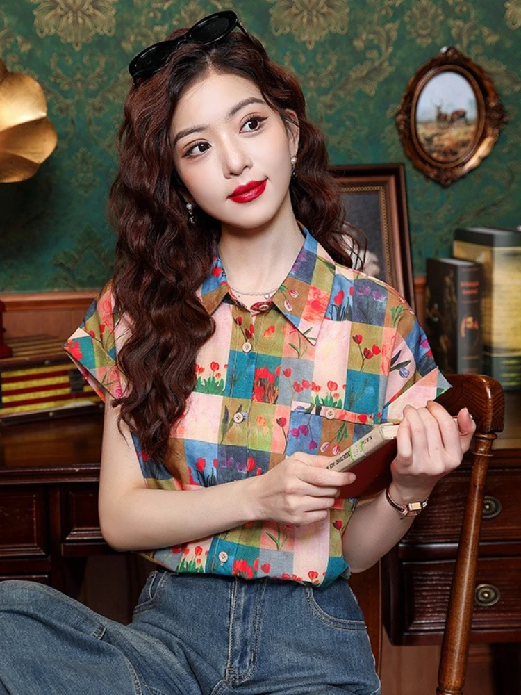 

Женская рубашка с коротким рукавом в клетку с цветными блоками, летняя новинка 2026 года, ретро, приталенная, универсальная, в гонконгском стиле