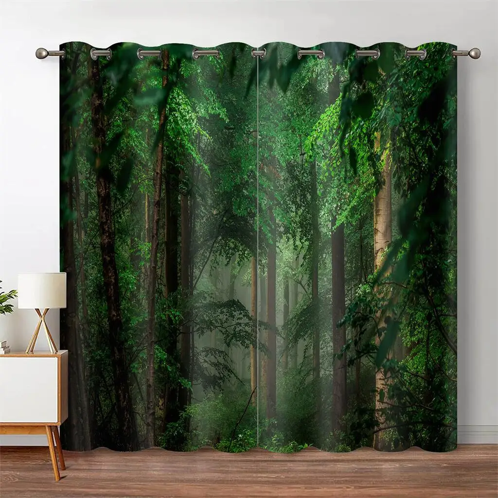 

Mystic Forest Curtains Green Misty Woods Print Drapes Natural Landscape Living Room Bedroom Decor Curtains 2 Panels Set