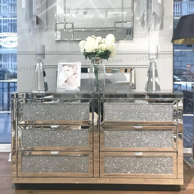 Silver Broken Diamond Crystal Mirror 6 Drawer Chest Furniture