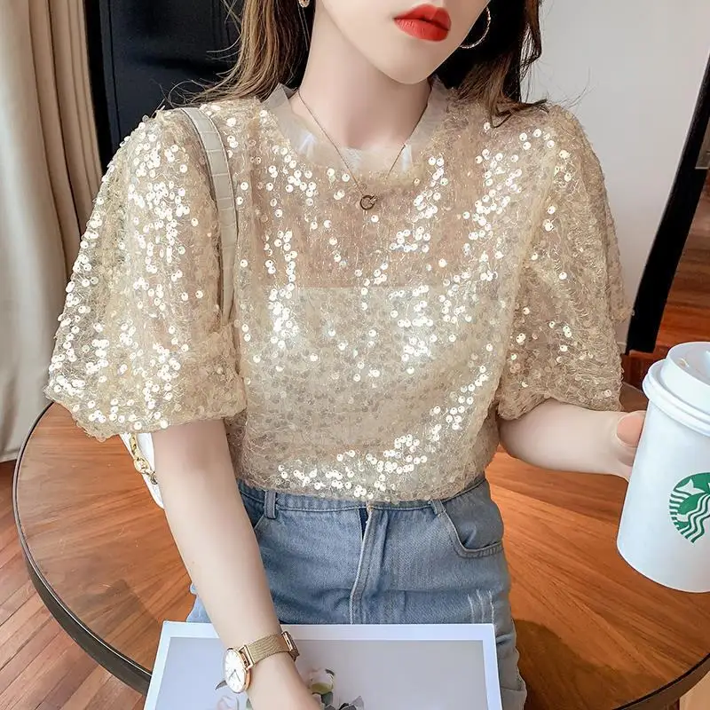 2023 Summer New Solid Color Round Neck Puff Sleeve T-shirt Women Fashion Sequined Lace Tees Korean Style Casual Temperament Tops